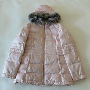 Tommy Hilfiger Down Puffer Jacket Womens P/M Pink Gray Faux Fur Hooded